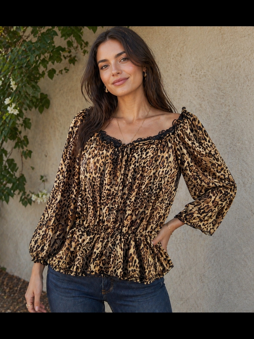 Y2K Notations Leopard Print Peasant Blouse